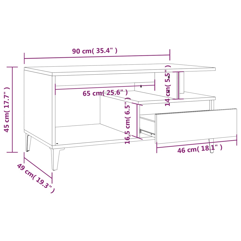 vidaXL Mesa de centro 90x49x45 derivados de madeira cinzento cimento