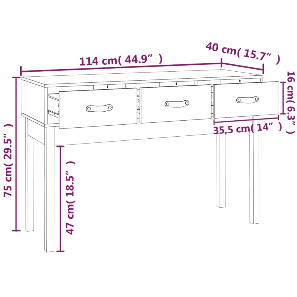 vidaXL Mesa consola 114x40x75 cm madeira de pinho maciça preto