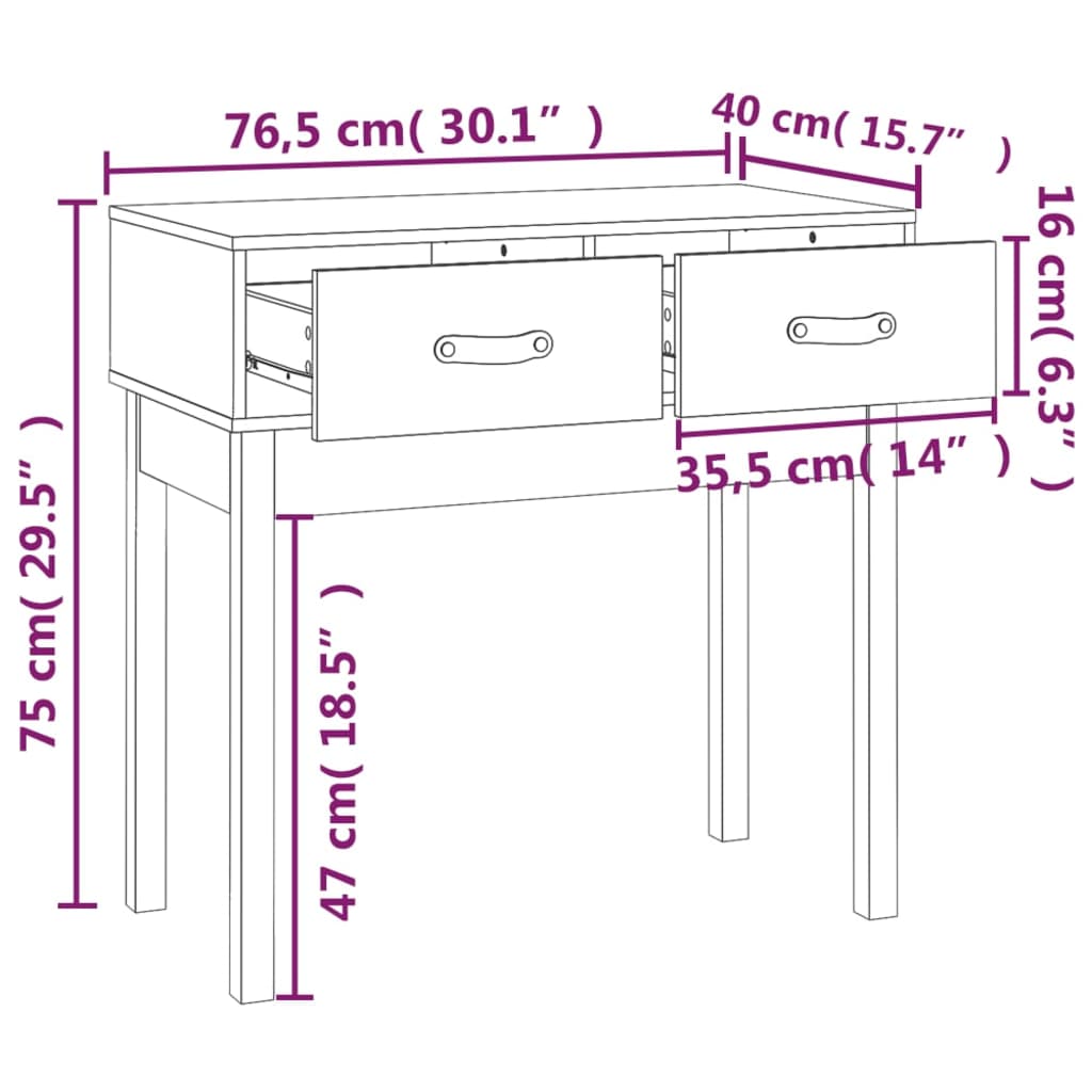 vidaXL Mesa consola 76,5x40x75 cm madeira de pinho maciça preto