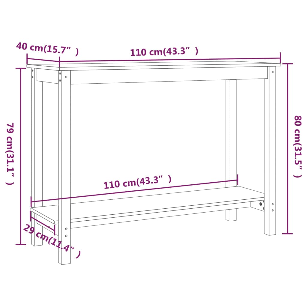 vidaXL Mesa consola 110x40x80 cm pinho maciço branco