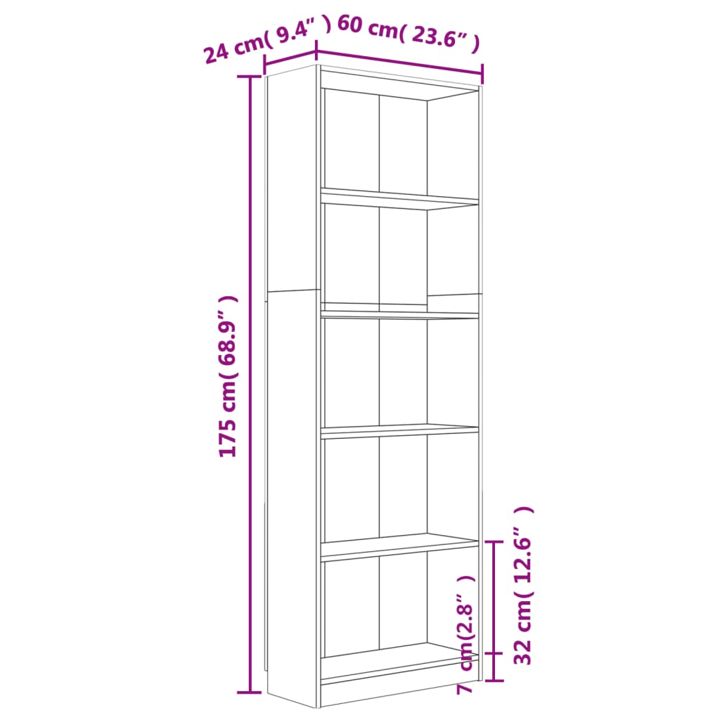 vidaXL Estante 5 prat. 60x24x175 cm derivados madeira sonoma cinzento