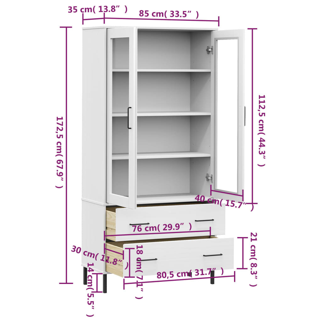 vidaXL Estante c/ pernas metal 85x35x172,5 cm madeira OSLO branco