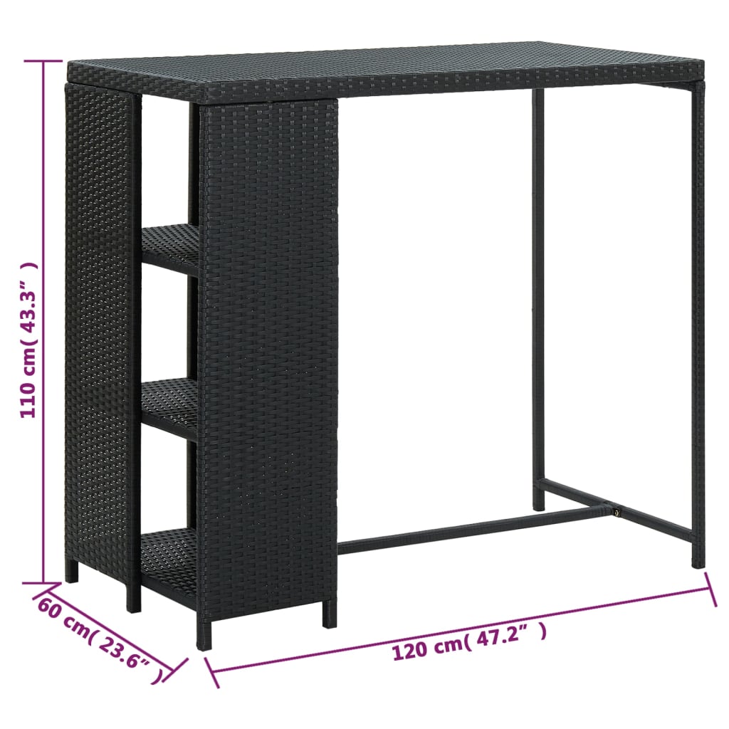 vidaXL Mesa de bar com prateleiras 120x60x110 cm vime PE preto