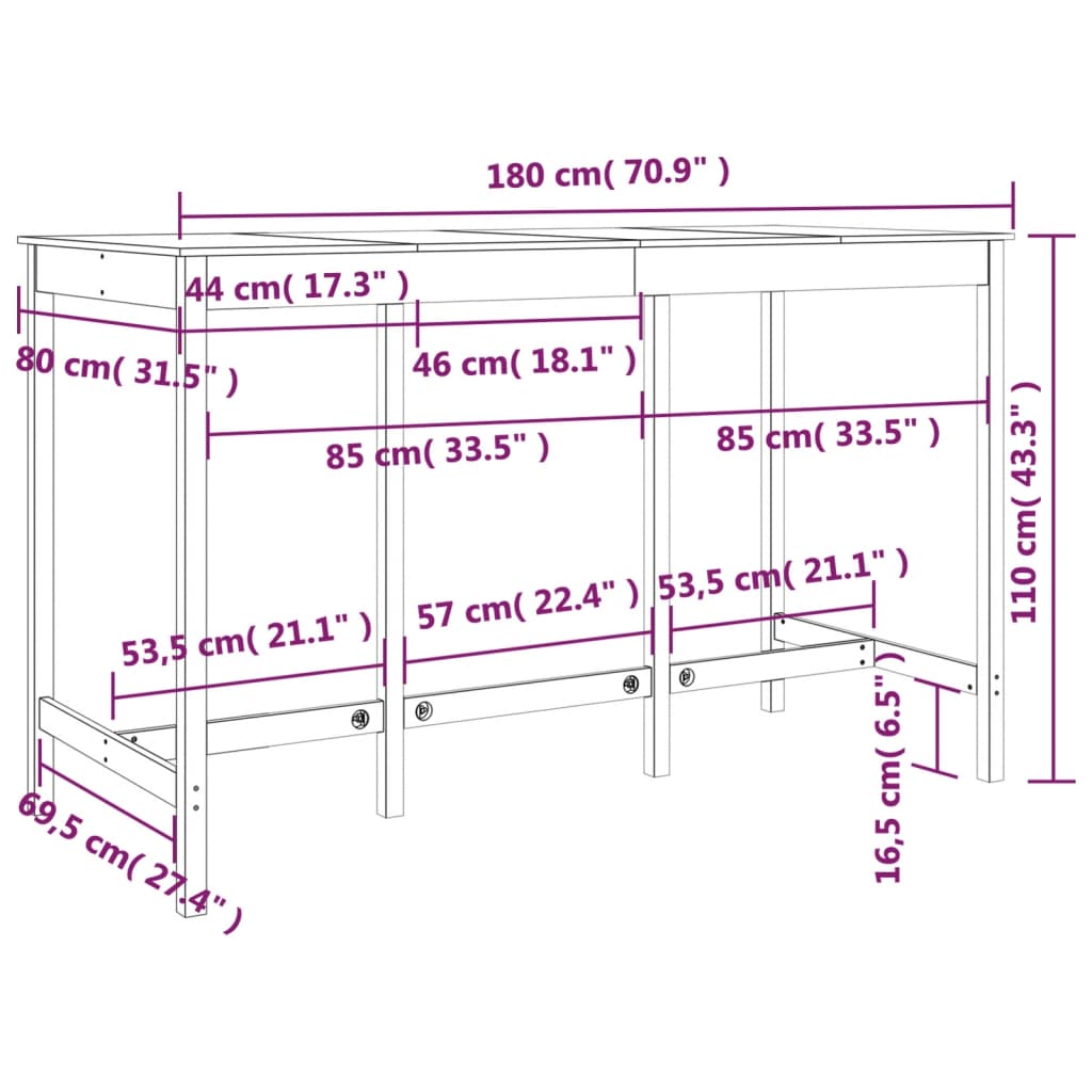 vidaXL Mesa de bar 180x80x110 cm pinho maciço preto