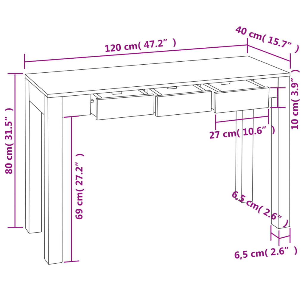 vidaXL Mesa consola com 3 gavetas 80 cm madeira sheesham sólida