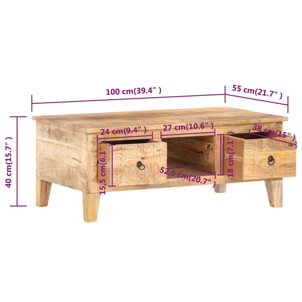 vidaXL Mesa de centro 100x55x40 cm madeira de mangueira áspera