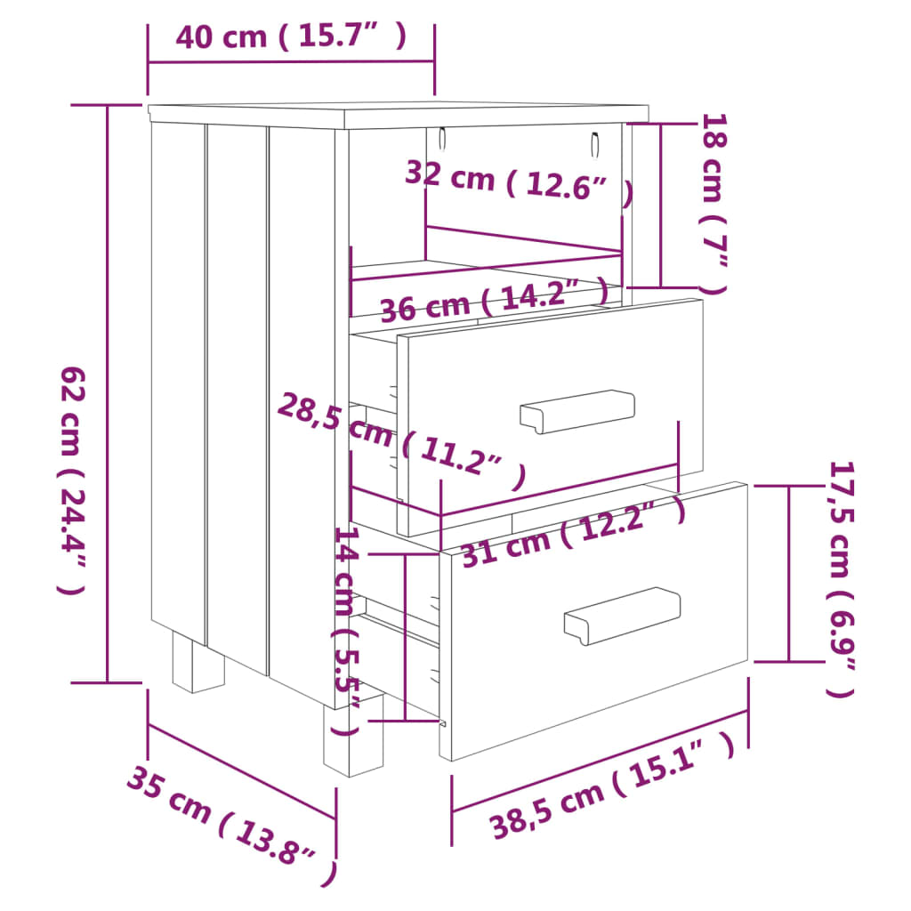 vidaXL Mesas cabeceira HAMAR 2pcs 40x35x62cm pinho maciço castanho-mel