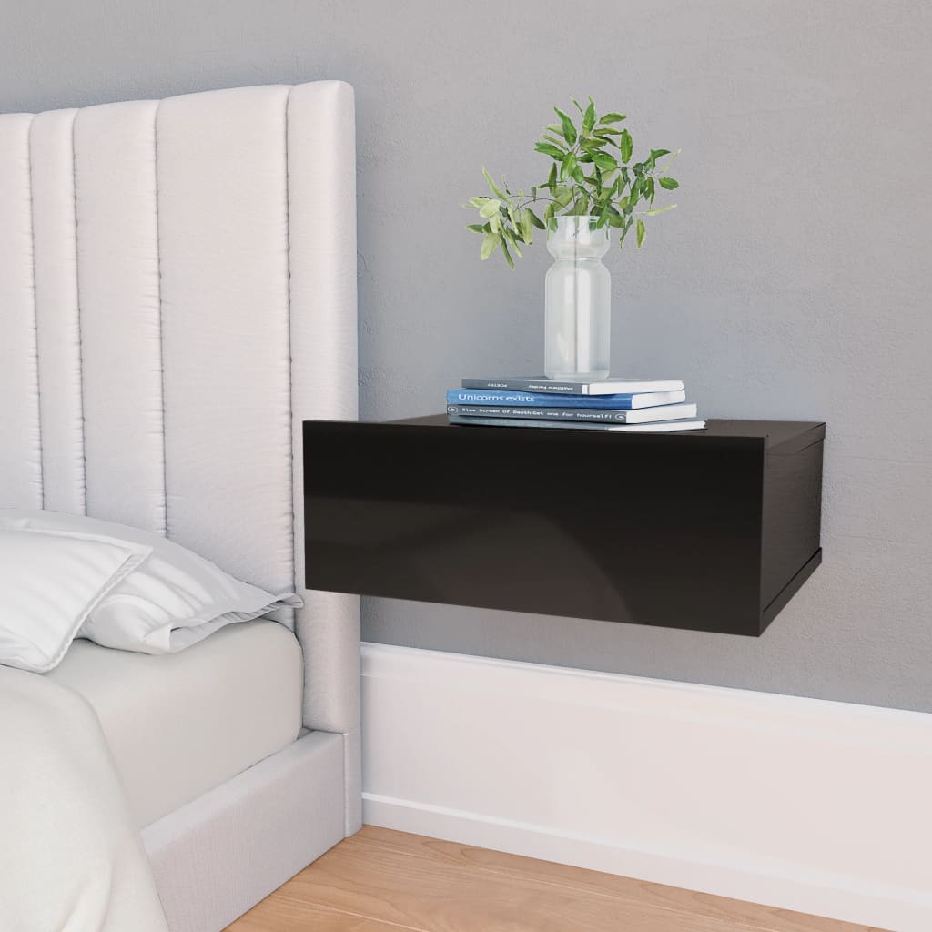 vidaXL Mesa de cabeceira suspensa 40x30x15 cm contrap. preto brilhante