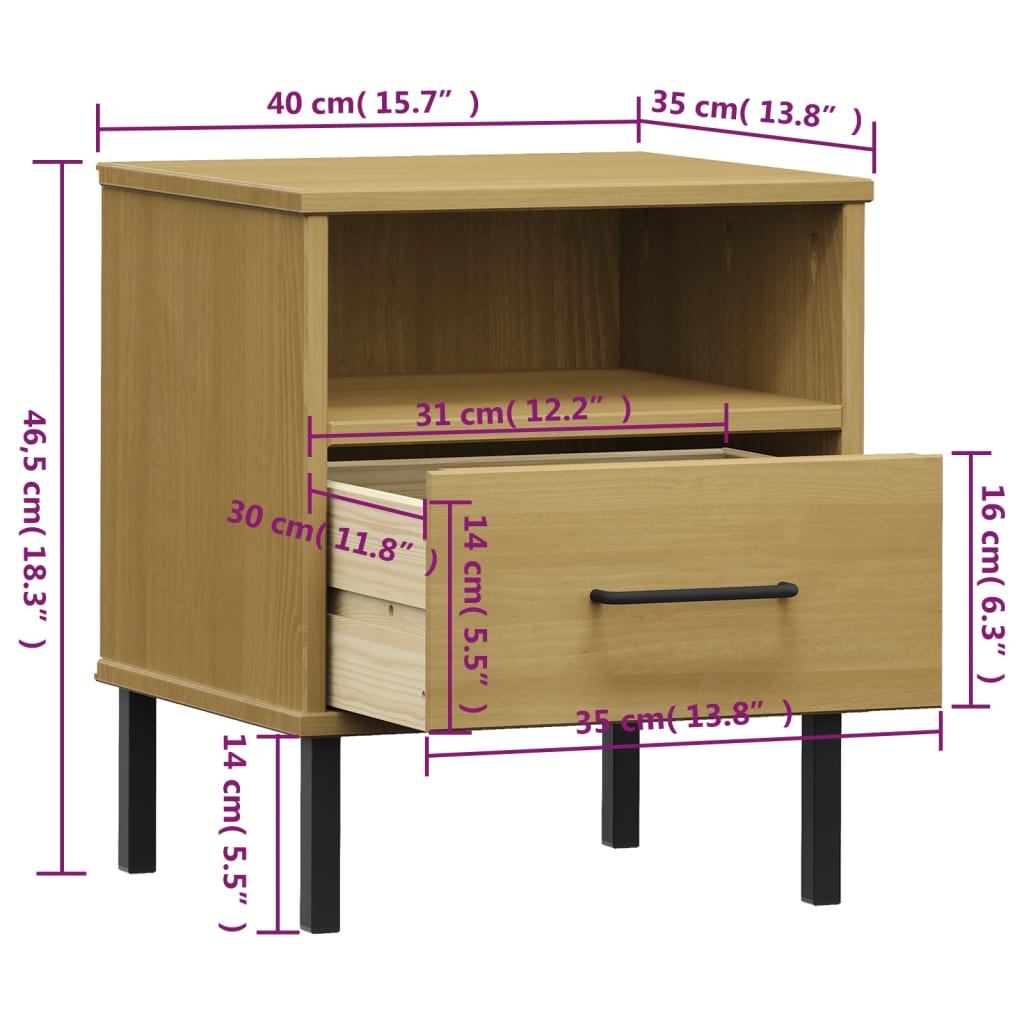 vidaXL Mesa cabeceira c/ pernas de metal OSLO pinho maciço castanho