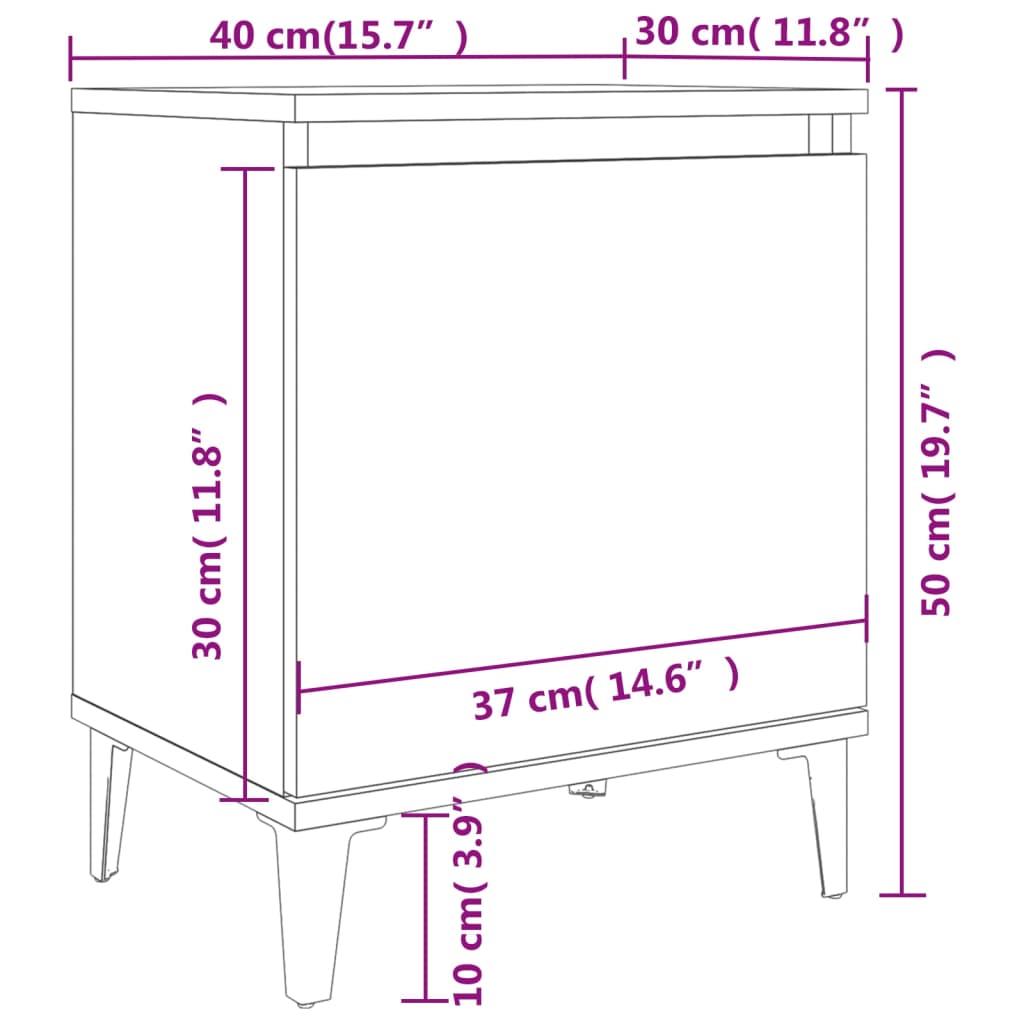 vidaXL Mesa de cabeceira com pernas em metal 40x30x50 cm branco