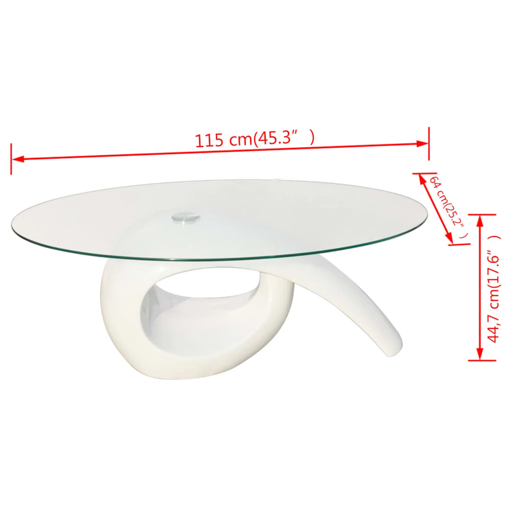 vidaXL Mesa de centro com tampo oval de vidro, branco brilhante