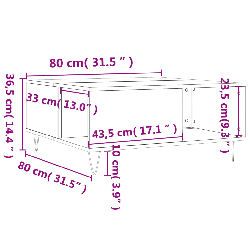 vidaXL Mesa de centro 80x80x36,5 cm derivados madeira carvalho sonoma