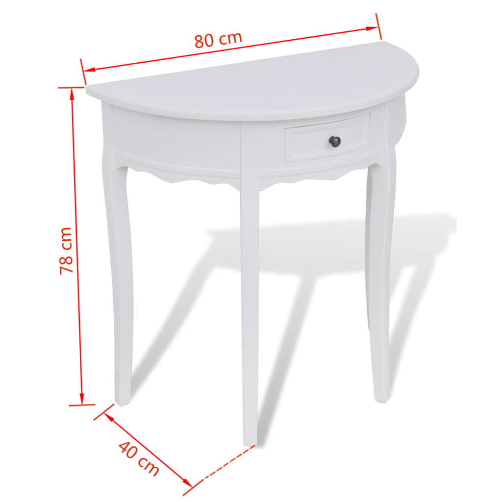 vidaXL Mesa consola meia-lua com gaveta branco