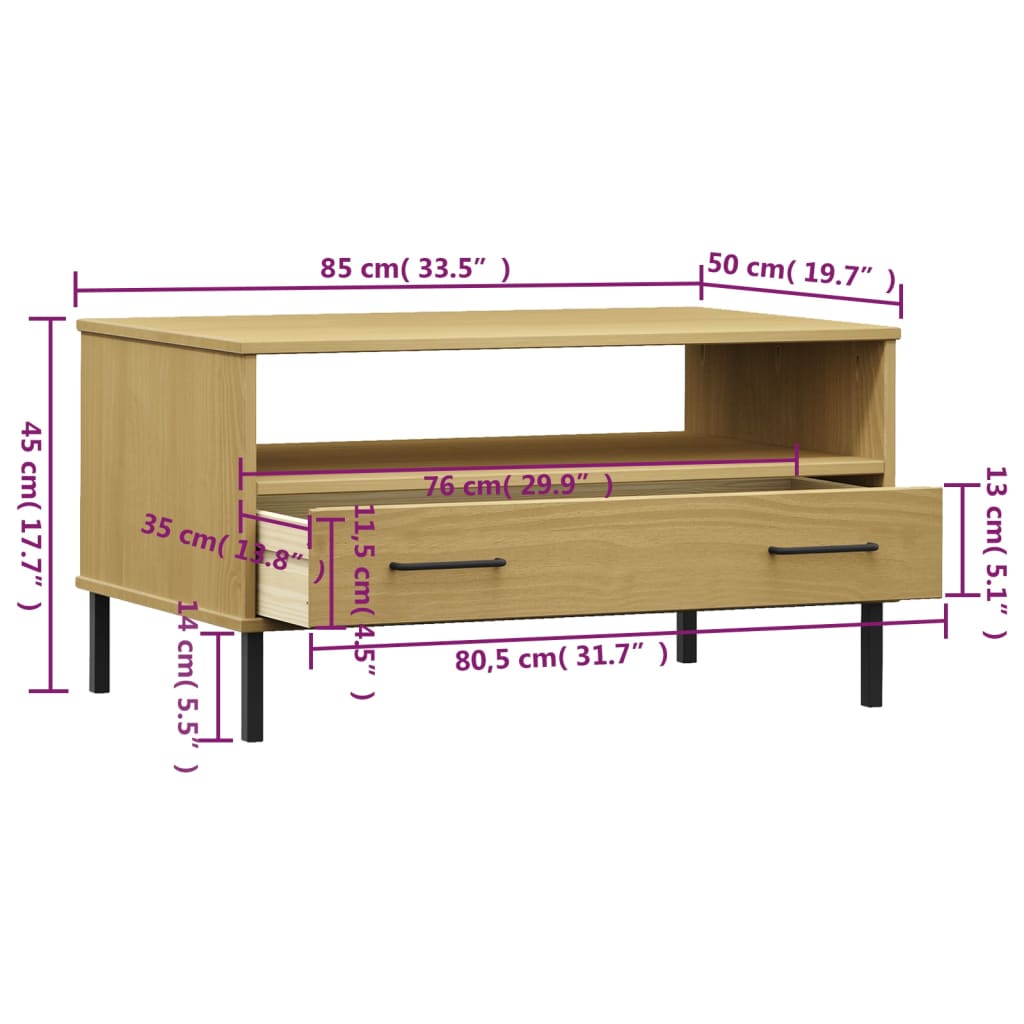 vidaXL Mesa centro c/ pernas de metal 85x50x45cm OSLO madeira castanho