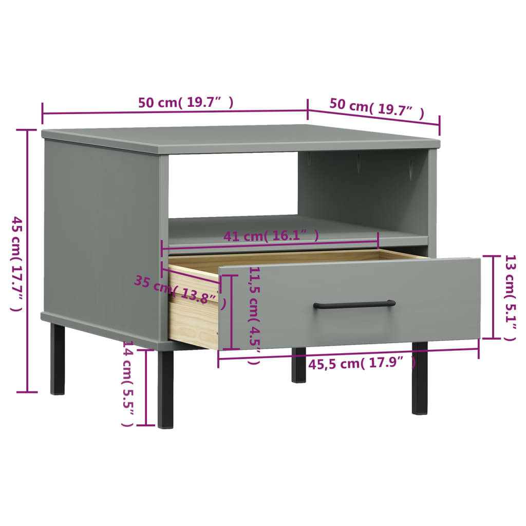 vidaXL Mesa cabeceira c/ pernas de metal pinho maciço OSLO cinzento