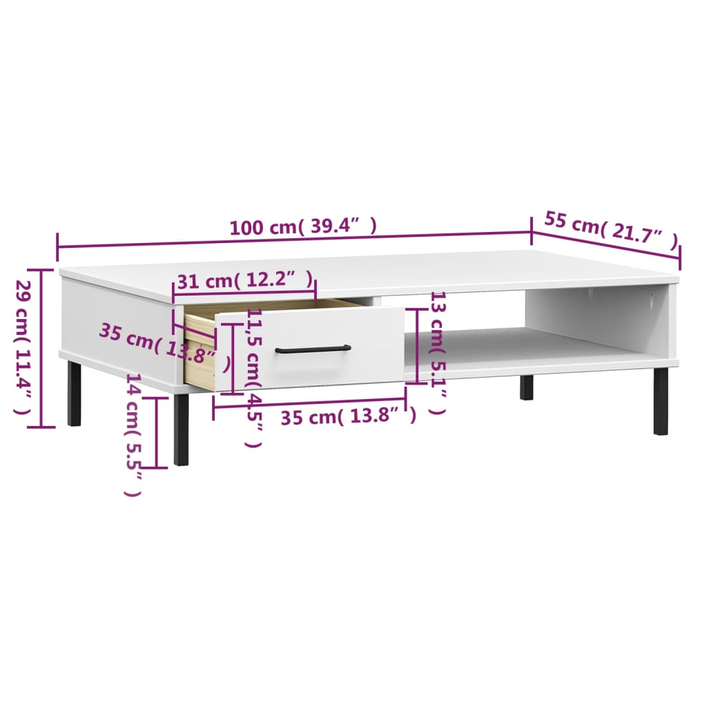 vidaXL Mesa de centro c/ pernas de metal pinho maciço OSLO branco