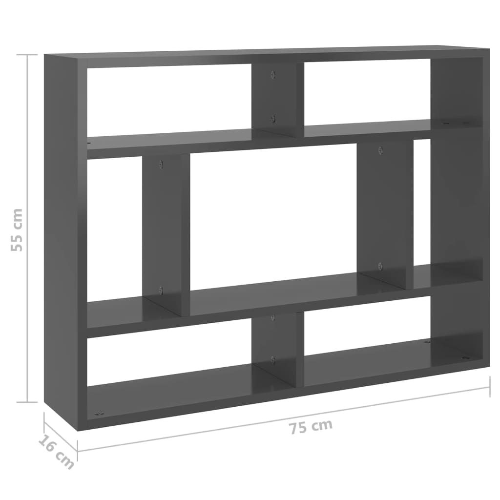 vidaXL Estante de parede 75x16x55 cm deriv. madeira cinzento brilhante