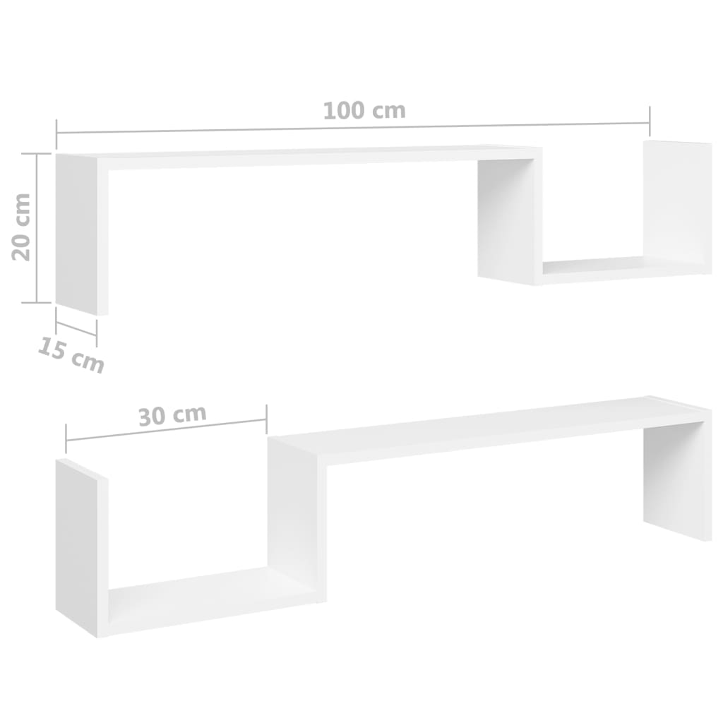 vidaXL Estantes de parede 2 pcs 100x15x20 cm contraplacado branco