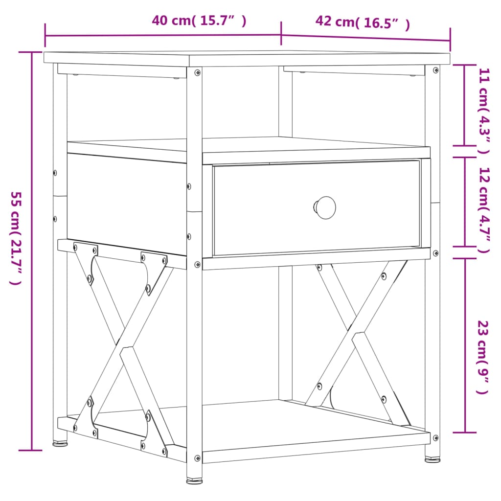 vidaXL Mesa de cabeceira 40x42x55 cm derivados madeira sonoma cinza