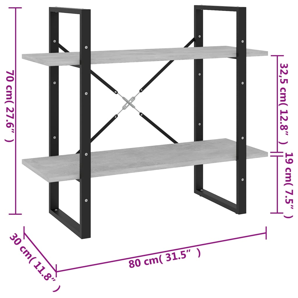 vidaXL Estante 2 prateleiras 80x30x70cm contraplacado cinzento-cimento