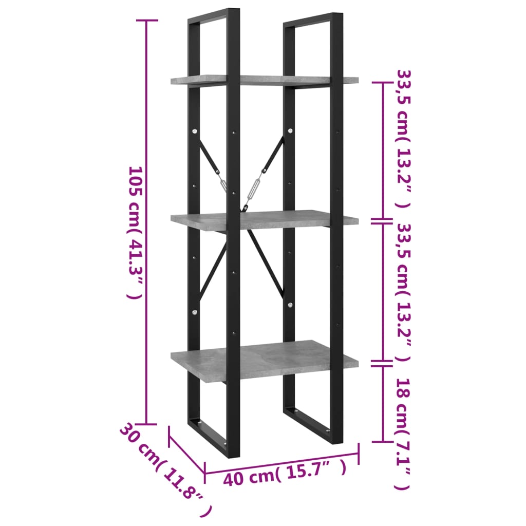 vidaXL Estante c/ 3 prateleiras 40x30x105 cm contraplacado cinzento