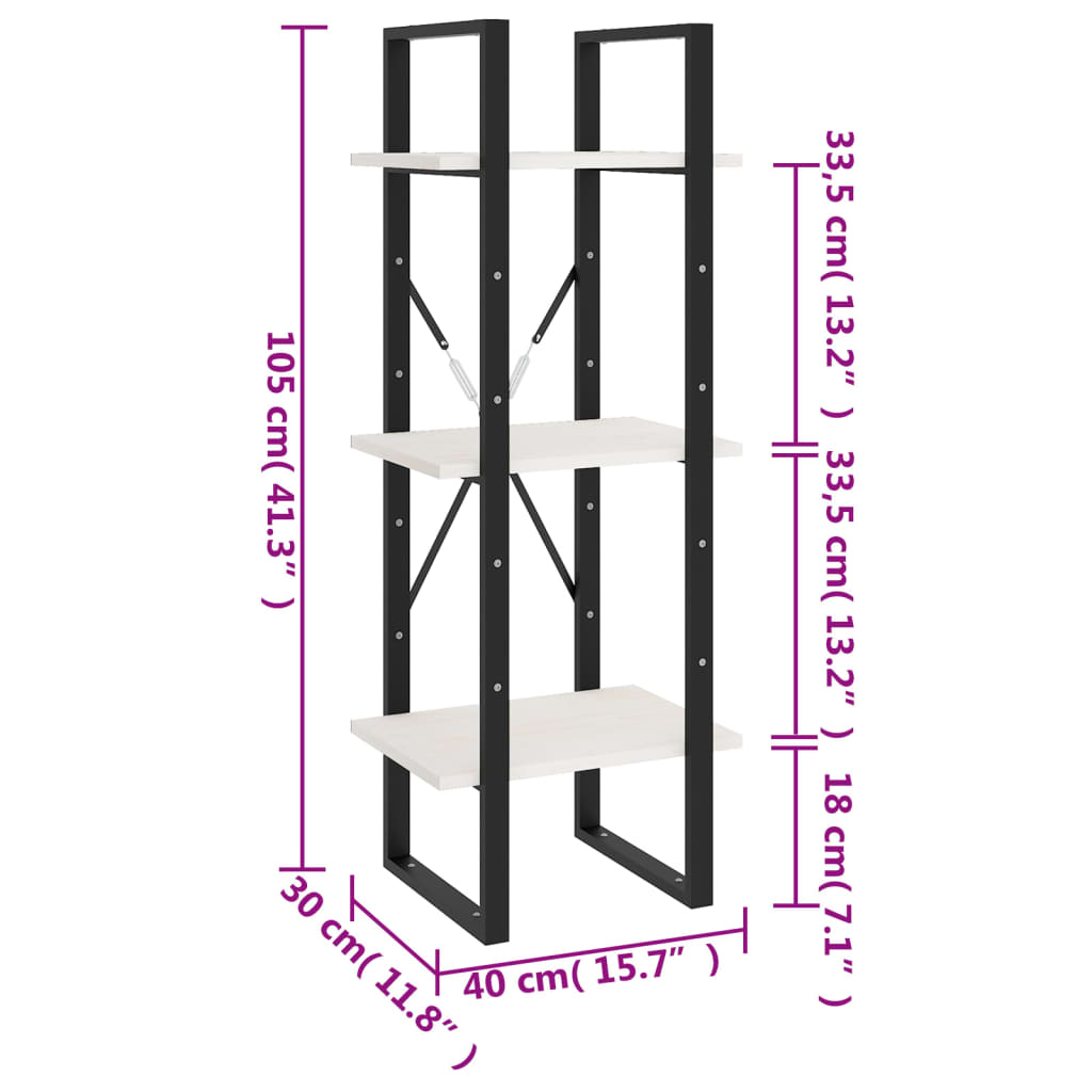 vidaXL Estante c/ 3 prateleiras 40x30x105 cm pinho maciço branco