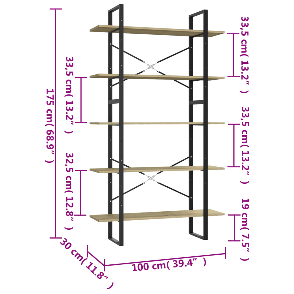 vidaXL Estante 5 prateleiras 100x30x175 cm derivados madeira sonoma