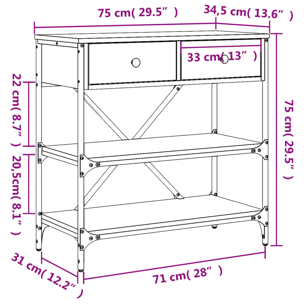 vidaXL Mesa consola 75x34,5x75 cm derivados de madeira carvalho fumado