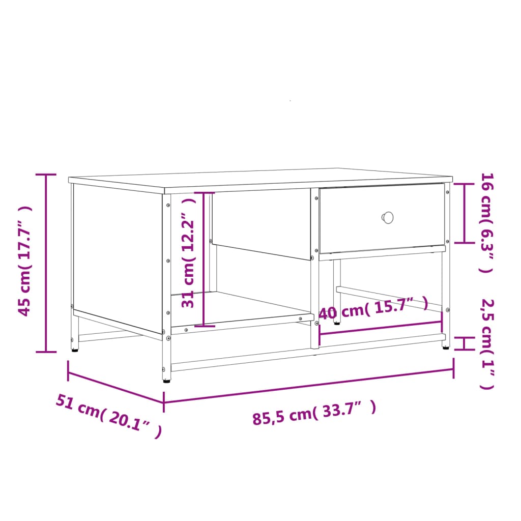 vidaXL Mesa de centro 85,5x51x45 cm derivados de madeira cinza sonoma