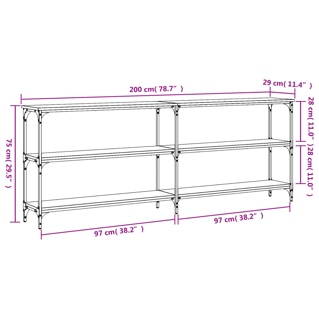 vidaXL Mesa consola 200x29x75 cm derivados de madeira cinzento sonoma