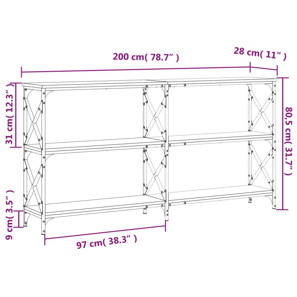 vidaXL Mesa consola 200x28x80,5 cm derivados madeira carvalho castanho