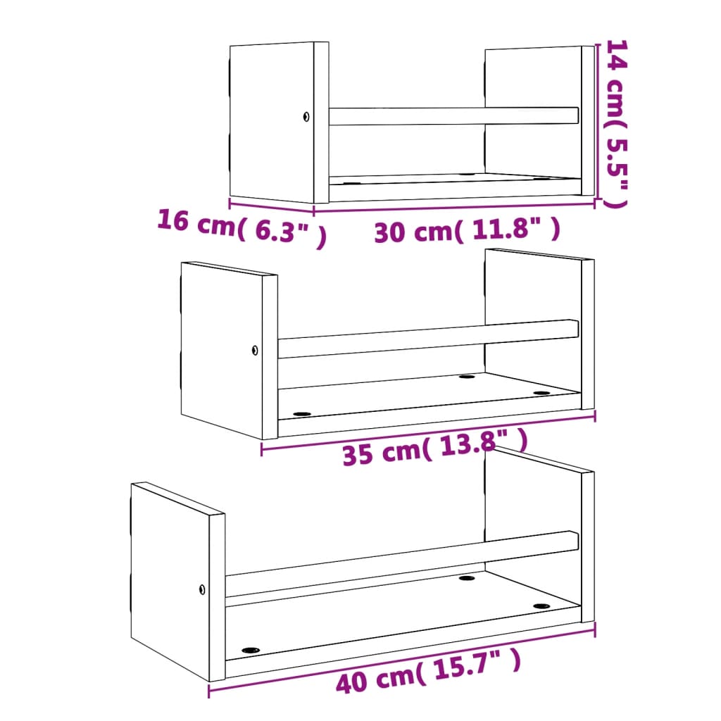 vidaXL 3pcs conj. prateleiras de parede c/ barras deriv. madeira preto