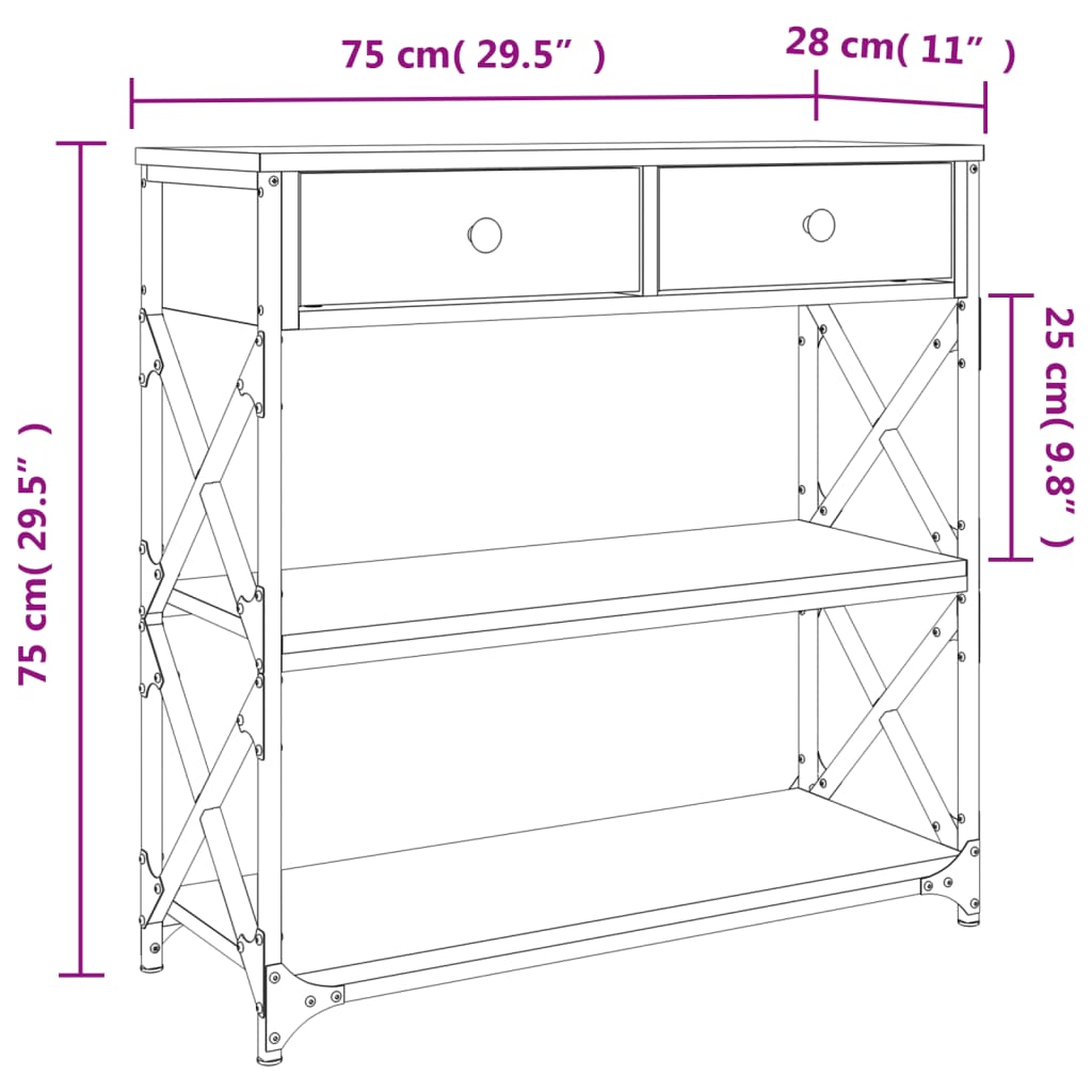 vidaXL Mesa consola 75x28x75 cm derivados de madeira cinzento sonoma