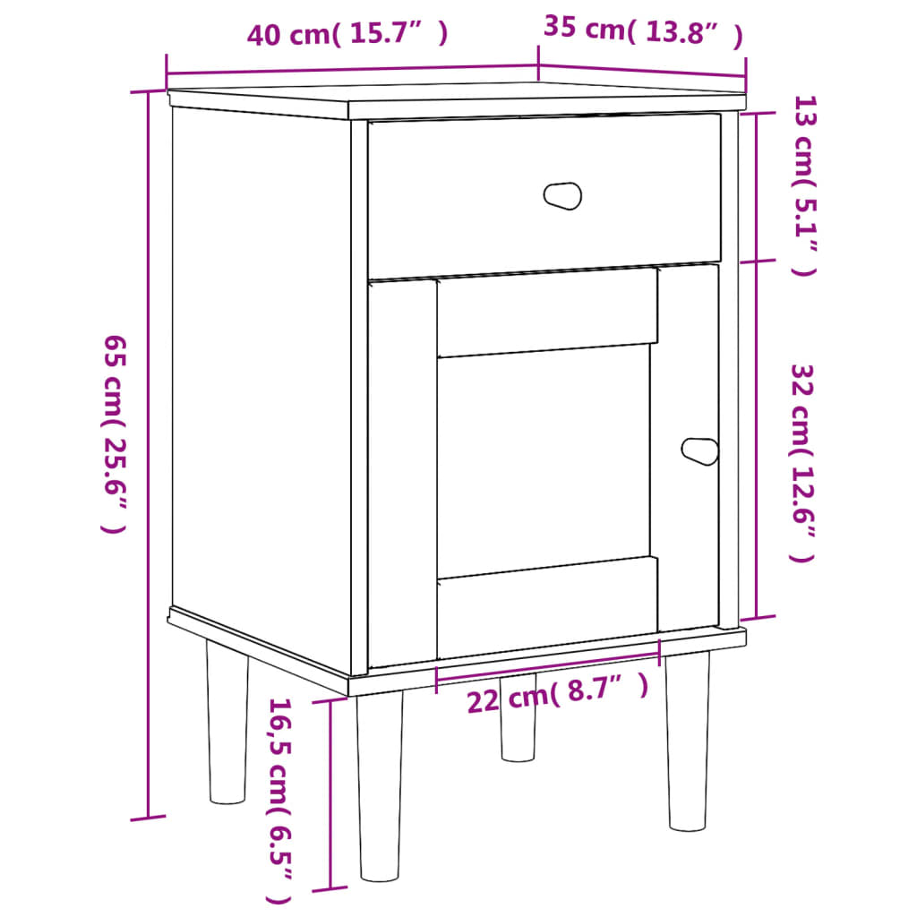 vidaXL Mesa de cabeceira SENJA 40x35x65 cm pinho maciço castanho