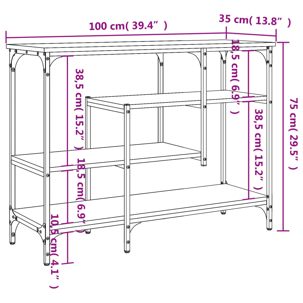 vidaXL Mesa consola c/ prateleiras 100x35x75 cm carvalho castanho