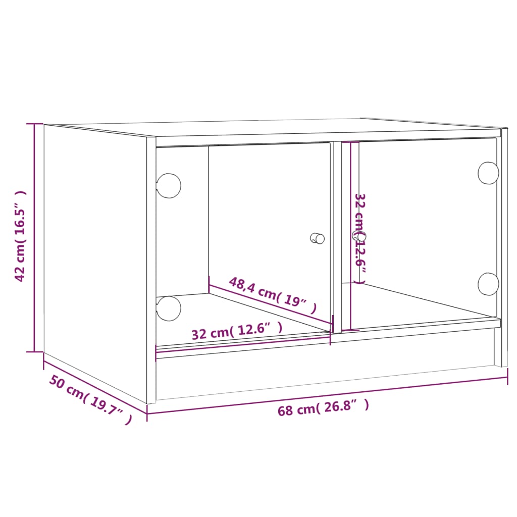 vidaXL Mesa de centro c/ portas de vidro 68x50x42 cm cinza sonoma