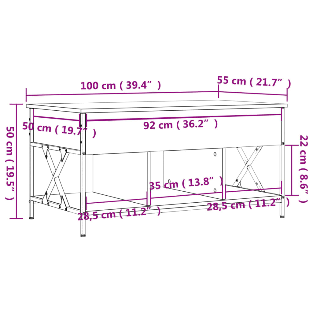 vidaXL Mesa centro 100x55x50 cm deriv. madeira/metal carvalho castanho