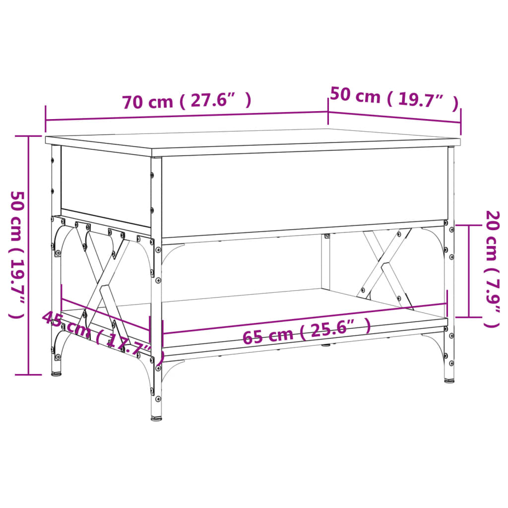 vidaXL Mesa de centro 70x50x50 cm deriv. madeira/metal cinzento sonoma