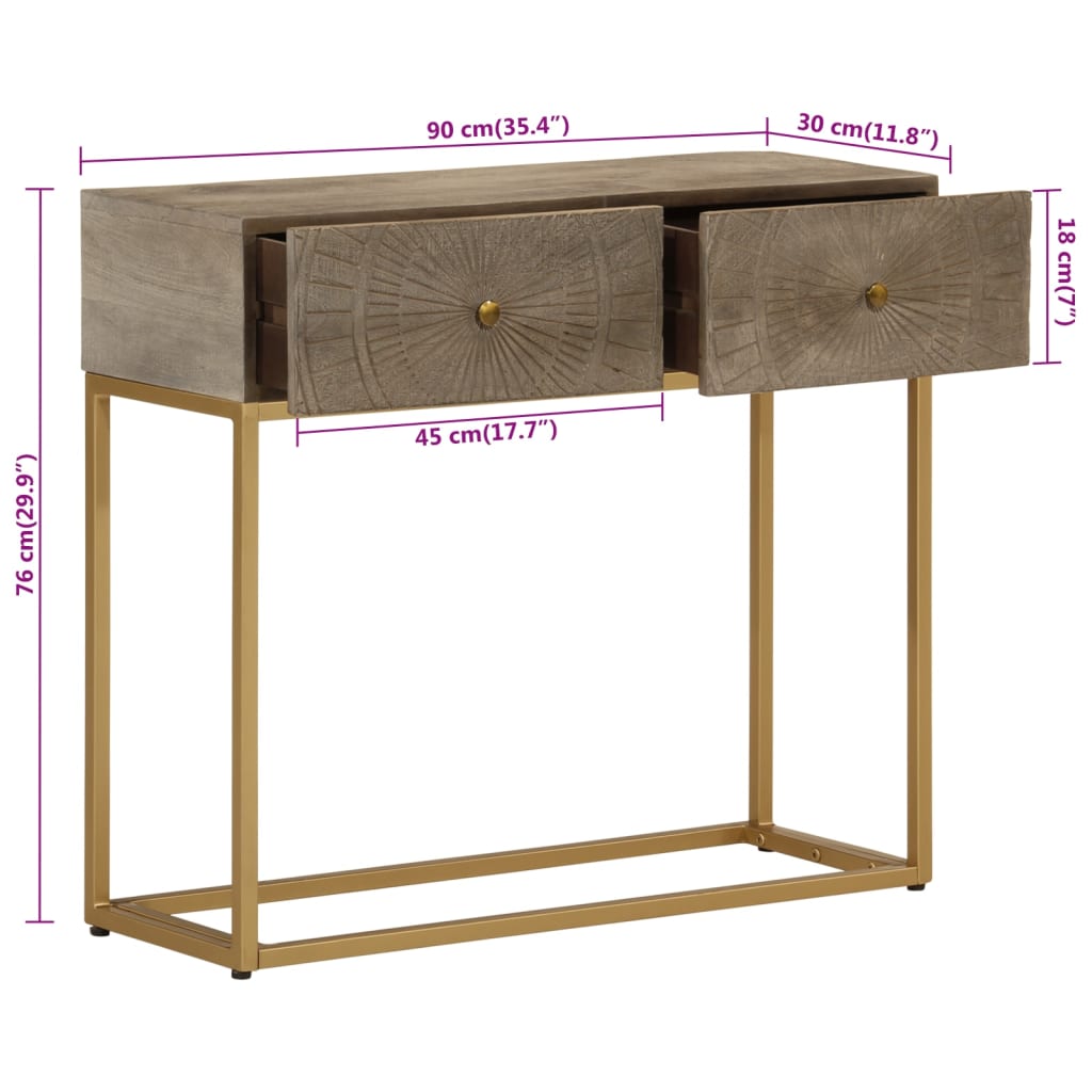 vidaXL Mesa consola 90x30x76 cm madeira de mangueira maciça e ferro