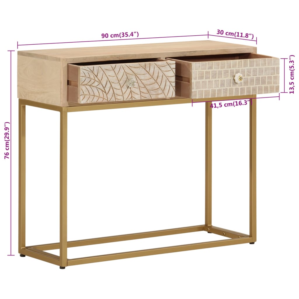 vidaXL Mesa consola 90x30x76 cm madeira de mangueira maciça e ferro