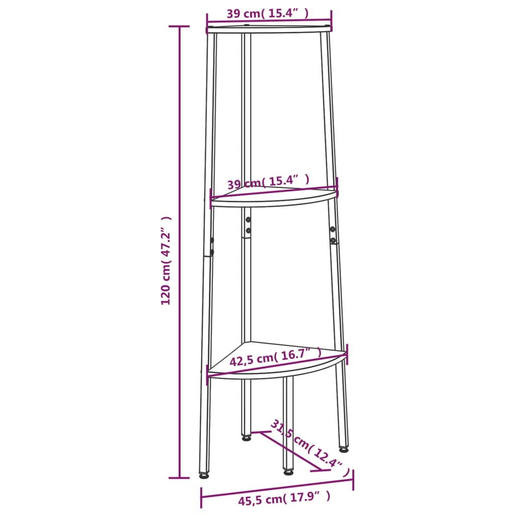 vidaXL Estante canto 3 prateleiras 45,5x31,5x120 cm preto