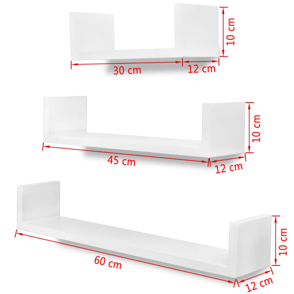 Conjunto 3 prateleiras de parede em forma de U MDF branco