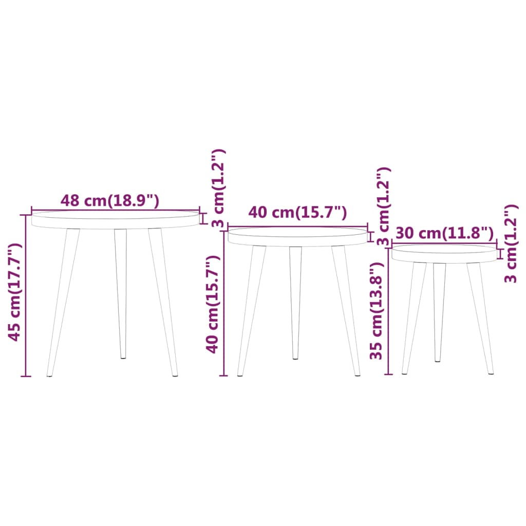 vidaXL Conjunto mesas de apoio 3 pcs MDF e ferro castanho-claro