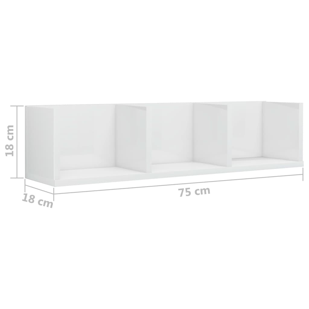 vidaXL Prateleira parede CD 75x18x18cm deriv. madeira branco brilhante