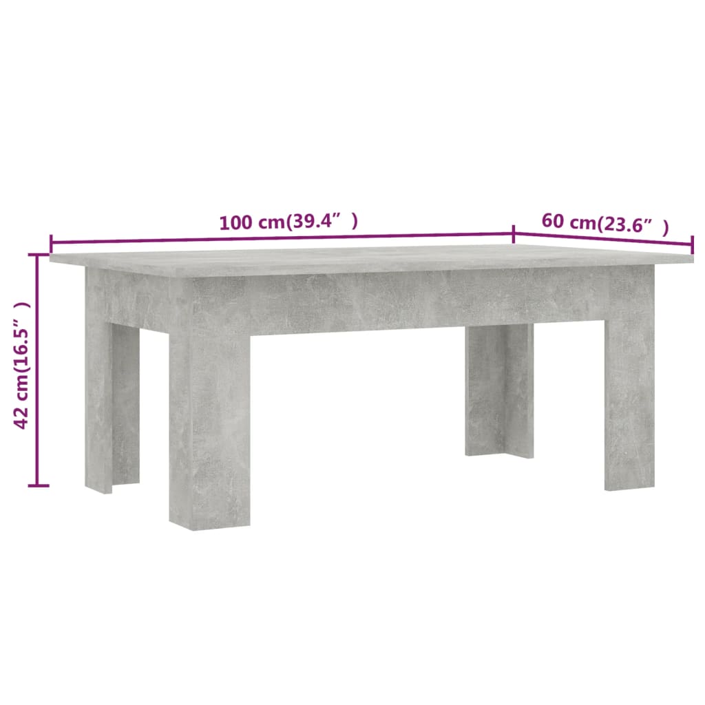 vidaXL Mesa de centro 100x60x42 cm derivados madeira cinzento cimento