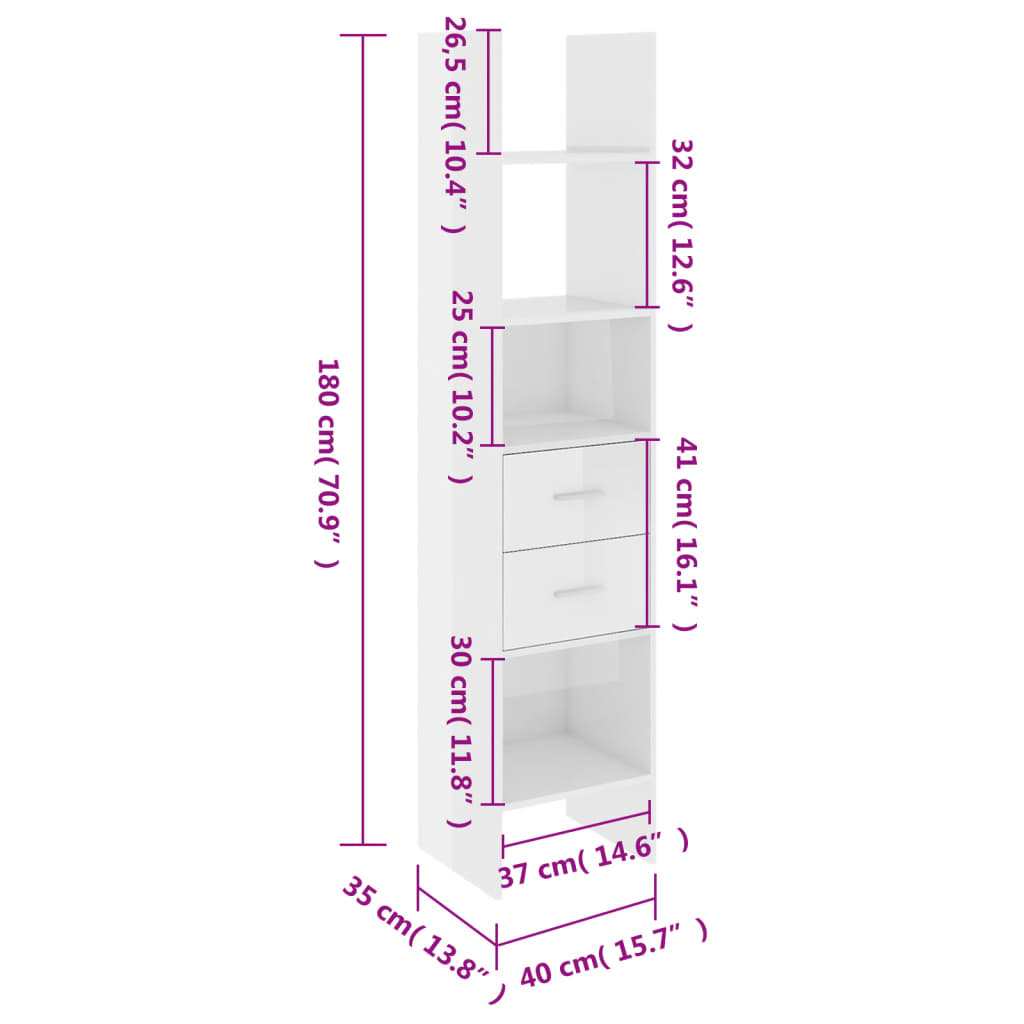 vidaXL Estante 40x35x180 cm contraplacado branco brilhante