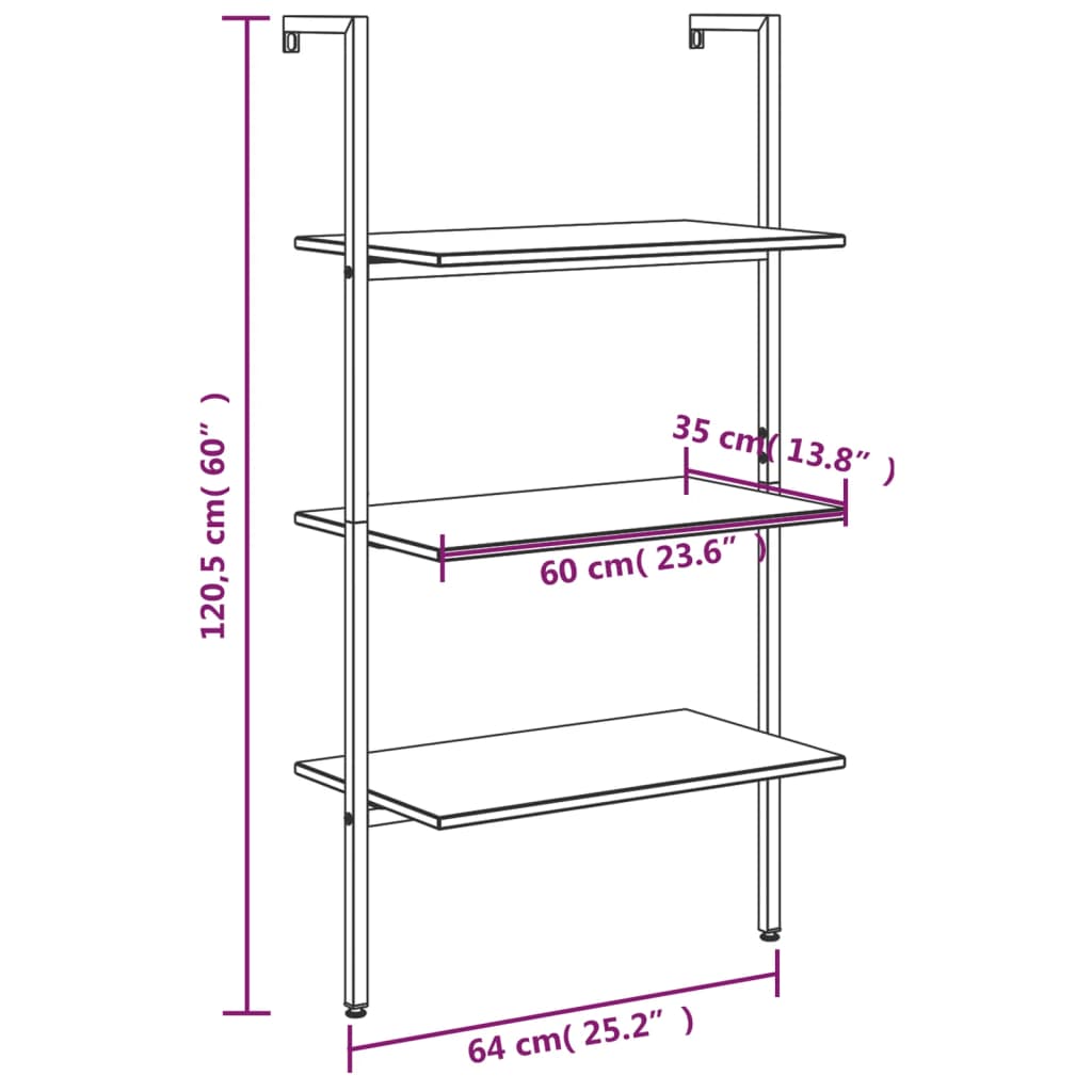 vidaXL Unidade 3 prateleiras inclinada 64x35x120,5 cm preto