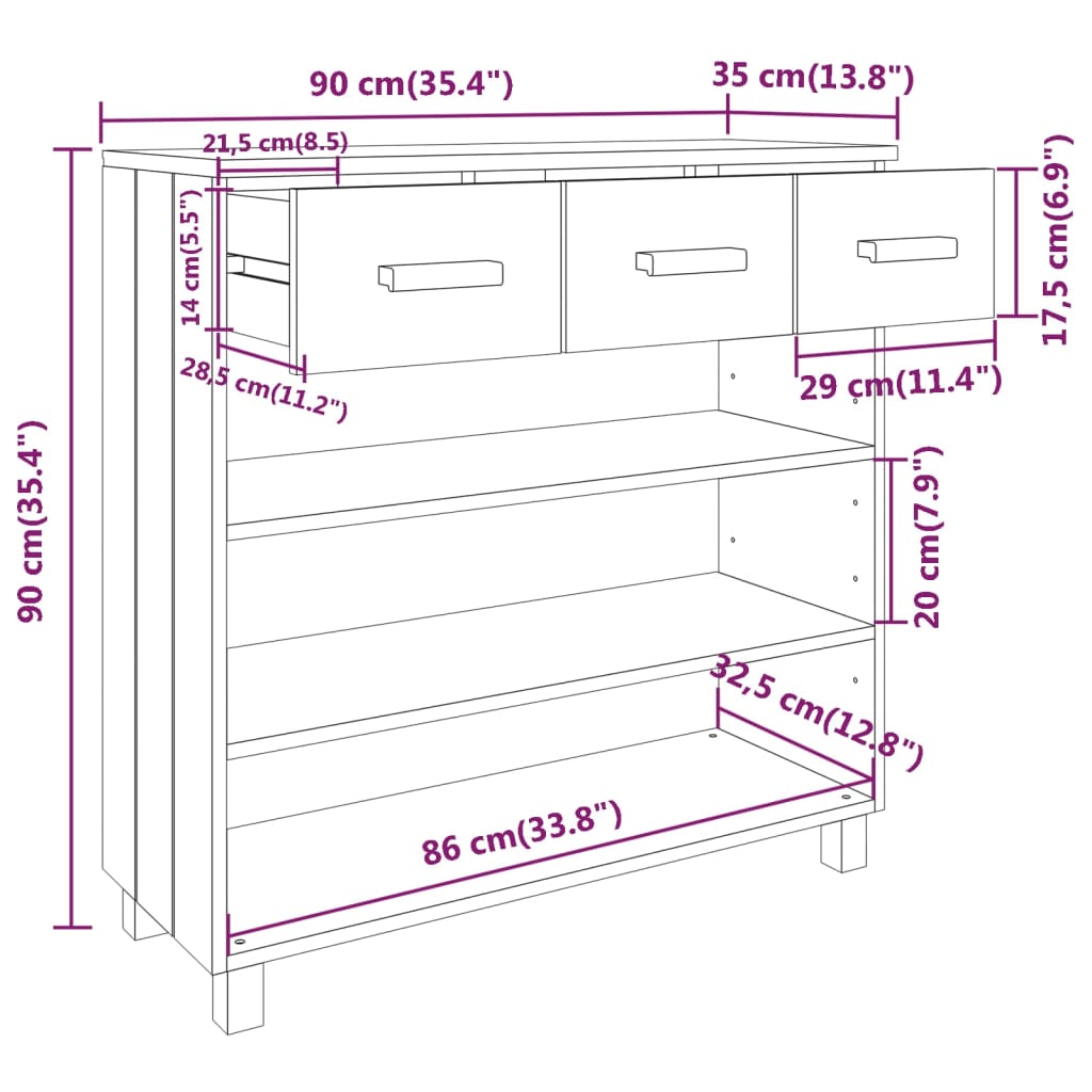 vidaXL Mesa consola HAMAR 90x35x90 cm pinho maciço cinza-escuro