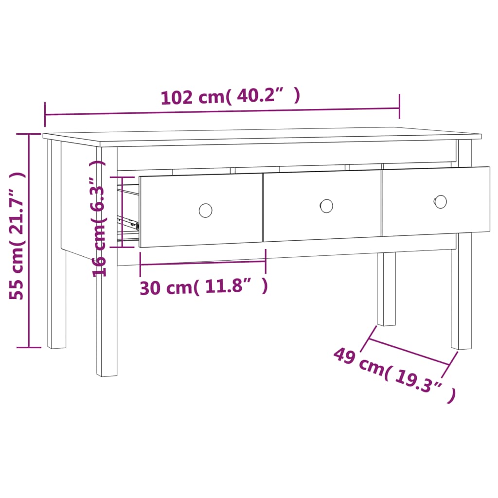 vidaXL Mesa de centro 102x49x55 cm pinho maciço preto