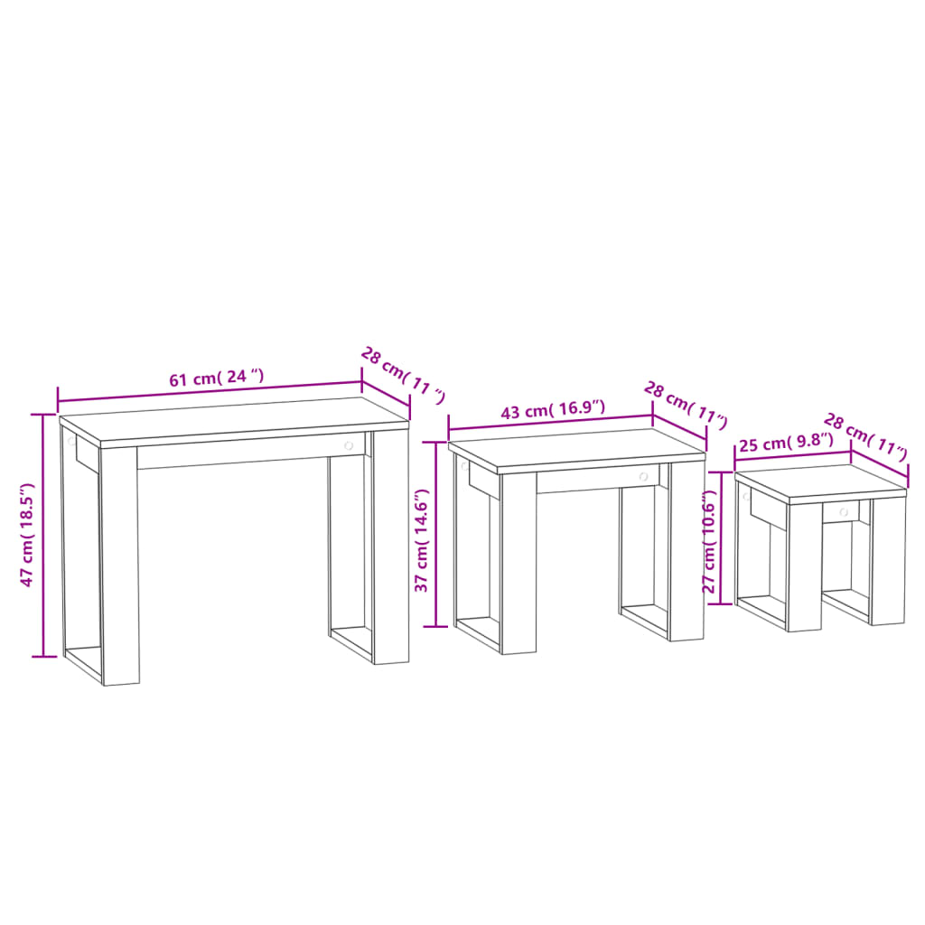 vidaXL Mesas de encastrar 3 pcs derivados de madeira cinzento sonoma